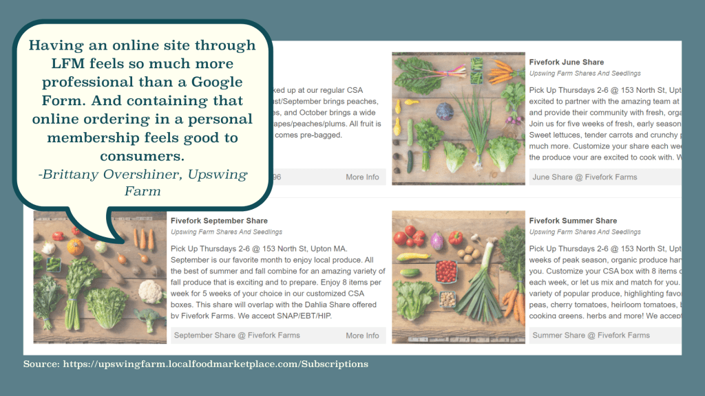 Quote over screenshot "Having an online site through LFM feels so much more professional than a Google Form. And containing that online ordering in a personal membership feels good to consumers. -Brittany Overshiner, Upswing Farm"